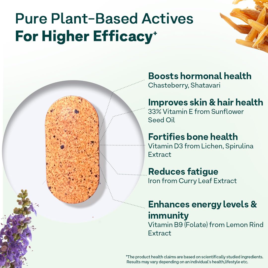 OZiva Plant Based Multivitamin Tablets for Women 35+, 50 Count, Vegetarian, Chasteberry, Vitamin E & D3, Liposomal C & Biotin