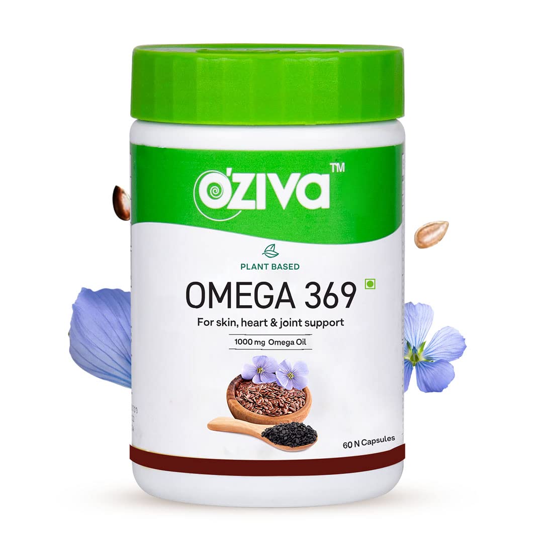 OZiva Plant Based Omega 3-6-9 Supplement, Vegan Flaxseed & Blackseed Oil, 60 Capsules