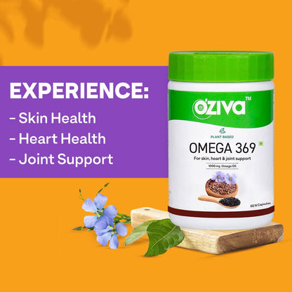 OZiva Plant Based Omega 3-6-9 Supplement, Vegan Flaxseed & Blackseed Oil, 60 Capsules - front view