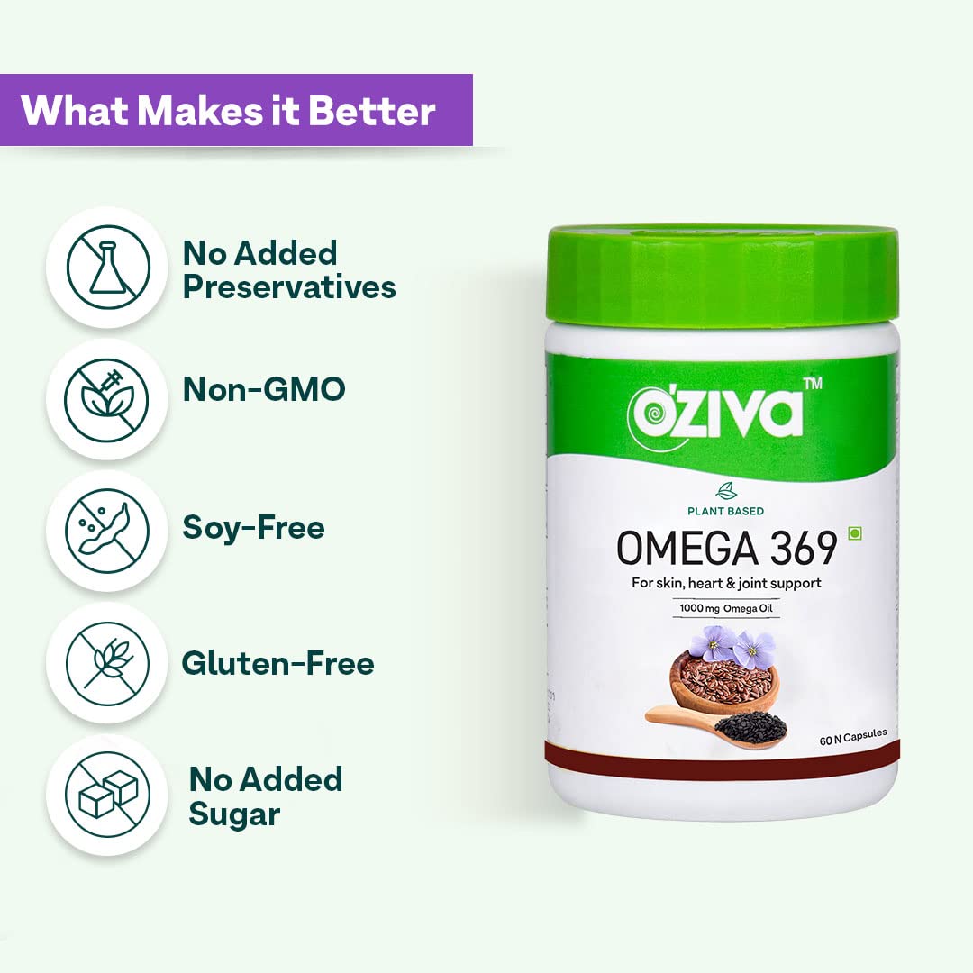 OZiva Plant Based Omega 3-6-9 Supplement, Vegan Flaxseed & Blackseed Oil, 60 Capsules - back view