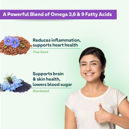 OZiva Plant Based Omega 3-6-9 Supplement, Vegan Flaxseed & Blackseed Oil, 60 Capsules - packaging