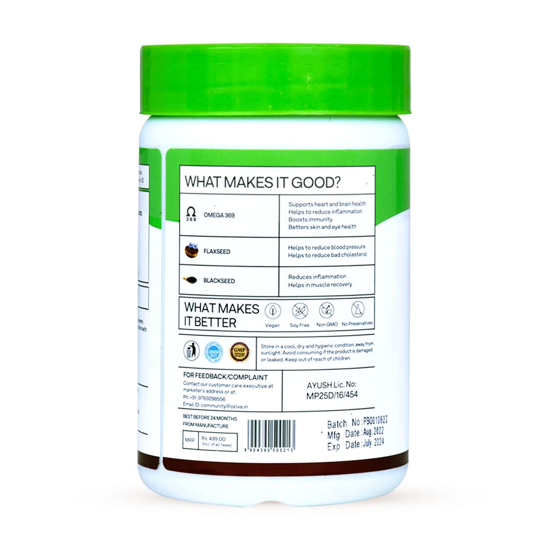 OZiva Plant Based Omega 3-6-9 Supplement, Vegan Flaxseed & Blackseed Oil, 60 Capsules - in use