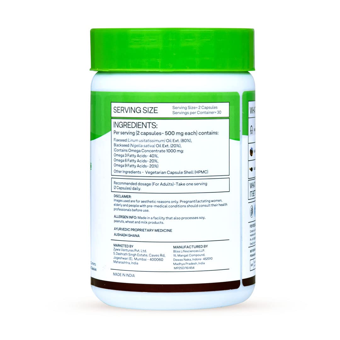 OZiva Plant Based Omega 3-6-9 Supplement, Vegan Flaxseed & Blackseed Oil, 60 Capsules - size and scale