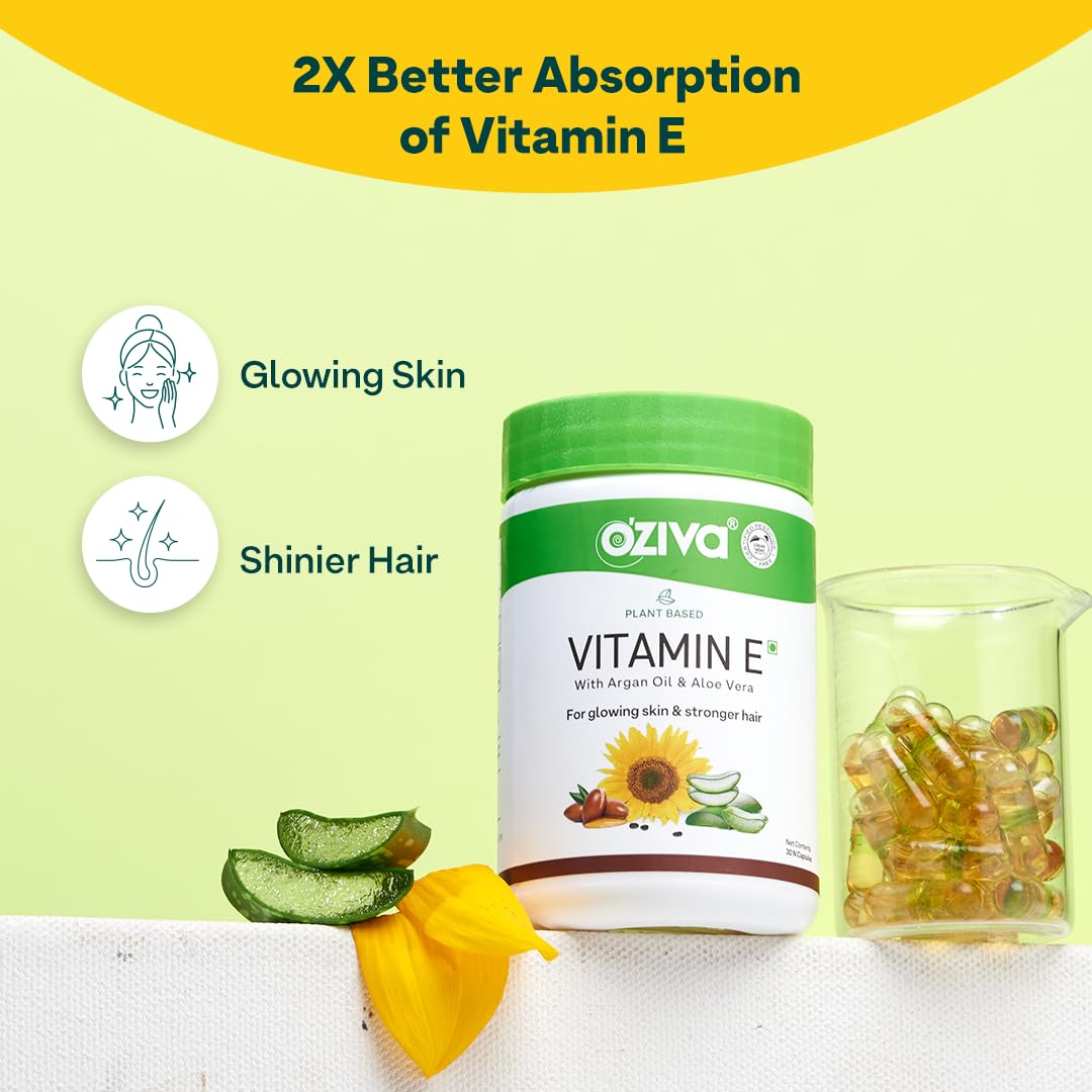 OZiva Plant Based Vitamin E Capsules, 30 Capsules, Vegan & Clean Certified - front view