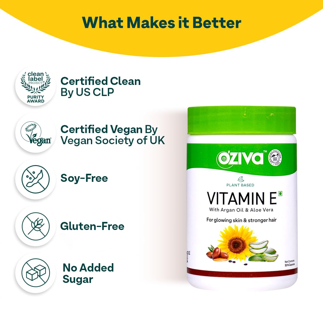OZiva Plant Based Vitamin E Capsules, 30 Capsules, Vegan & Clean Certified - label detail