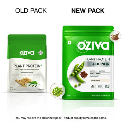 OZiva Plant Protein Powder, Vegan Pea Isolate Unflavoured, 30g Protein 5.2g BCAA, Sugar Free - front view (11)