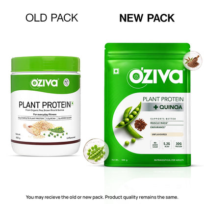OZiva Plant Protein Powder, Vegan Pea Isolate Unflavoured, 30g Protein 5.2g BCAA, Sugar Free - front view