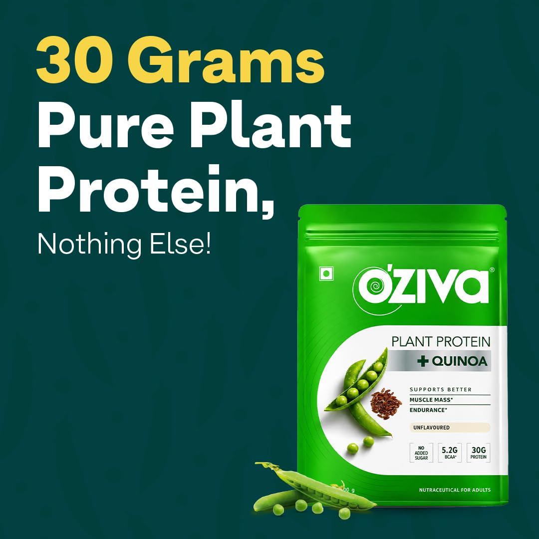 OZiva Plant Protein Powder, Vegan Pea Isolate Unflavoured, 30g Protein 5.2g BCAA, Sugar Free - back view