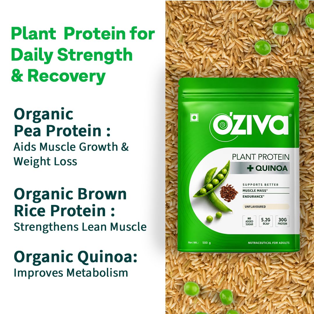 OZiva Plant Protein Powder, Vegan Pea Isolate Unflavoured, 30g Protein 5.2g BCAA, Sugar Free - packaging