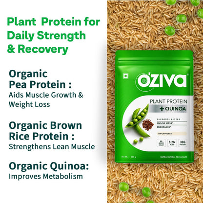 OZiva Plant Protein Powder, Vegan Pea Isolate Unflavoured, 30g Protein 5.2g BCAA, Sugar Free - packaging