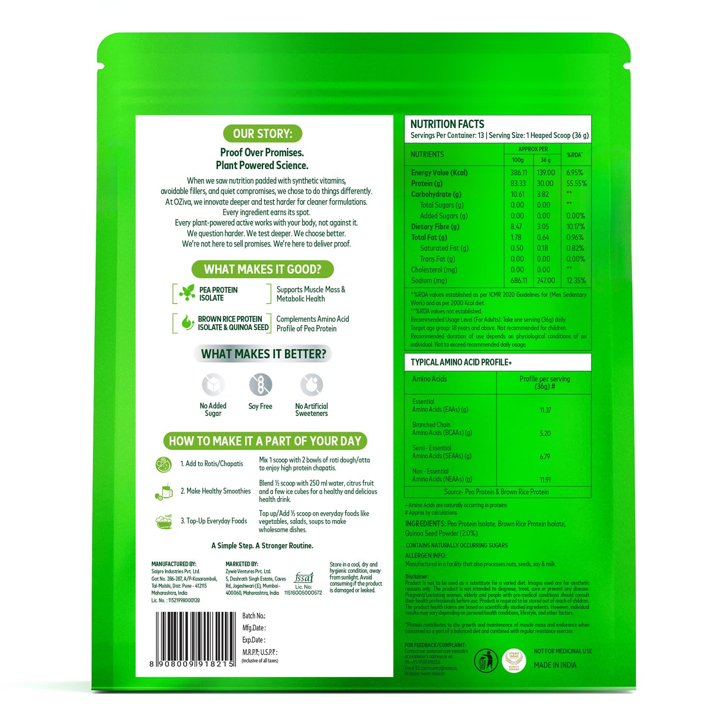 OZiva Plant Protein Powder, Vegan Pea Isolate Unflavoured, 30g Protein 5.2g BCAA, Sugar Free - size and scale