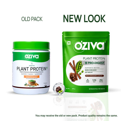 OZiva Plant Protein + Pro-Digest Powder, Pea Protein Isolate, Digestive Enzyme Blend, No Added Sugar, Multiple Sizes - front 