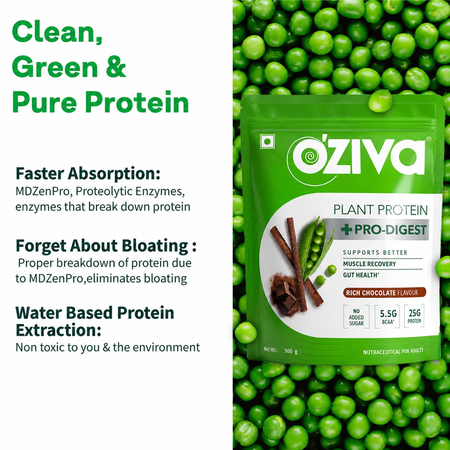 OZiva Plant Protein + Pro-Digest Powder, Pea Protein Isolate, Digestive Enzyme Blend, No Added Sugar, Multiple Sizes - packag