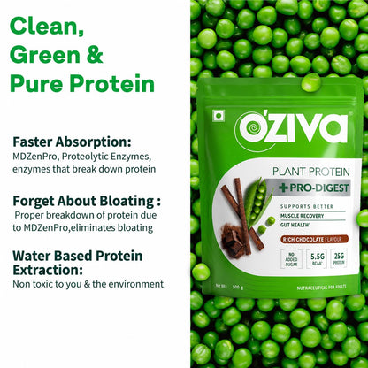 OZiva Plant Protein + Pro-Digest Powder, Pea Protein Isolate, Digestive Enzyme Blend, No Added Sugar, Multiple Sizes - packag