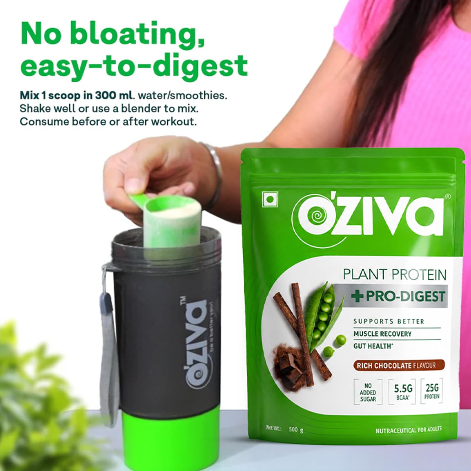 OZiva Plant Protein + Pro-Digest Powder, Pea Protein Isolate, Digestive Enzyme Blend, No Added Sugar, Multiple Sizes - ingred
