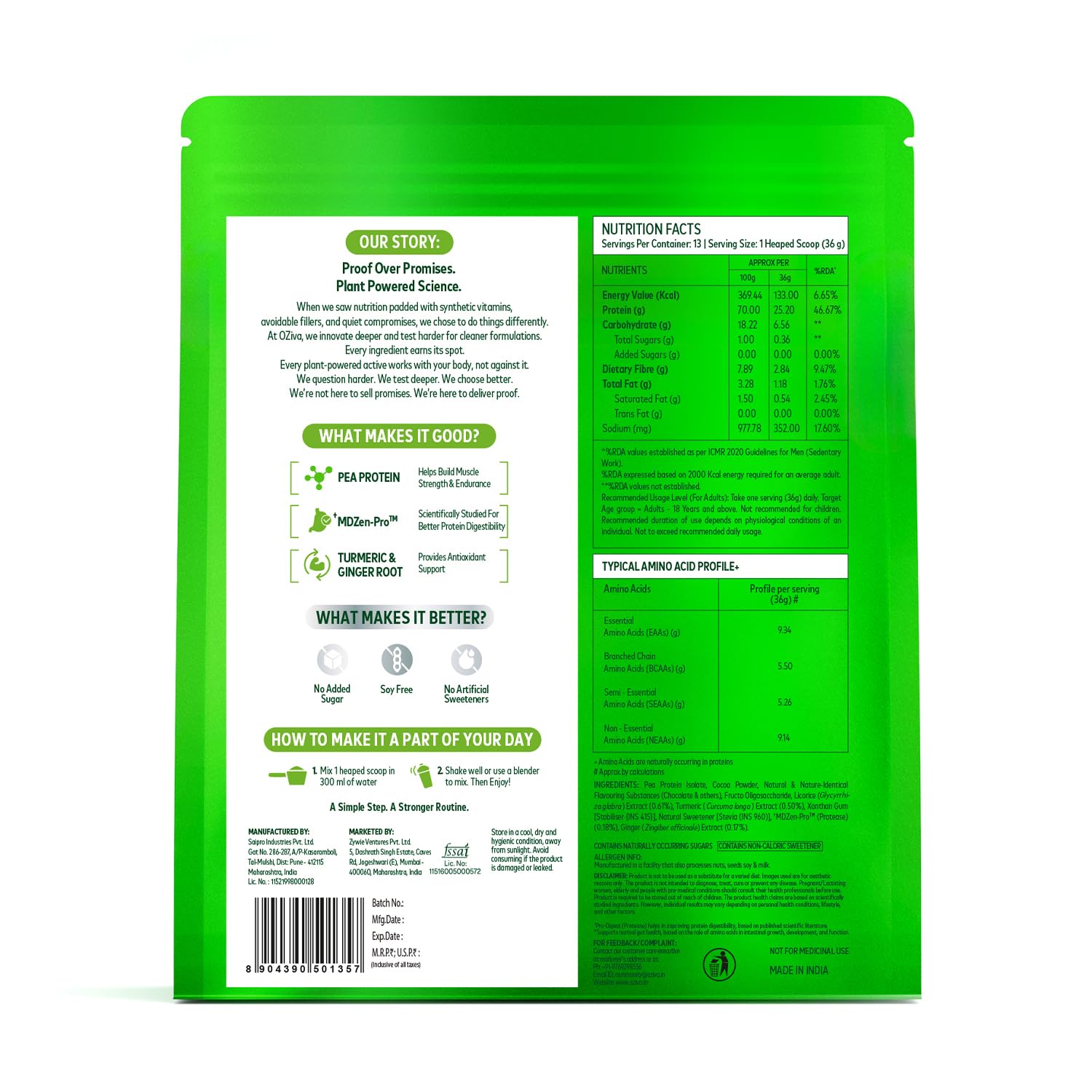 OZiva Plant Protein + Pro-Digest Powder, Pea Protein Isolate, Digestive Enzyme Blend, No Added Sugar, Multiple Sizes - size a
