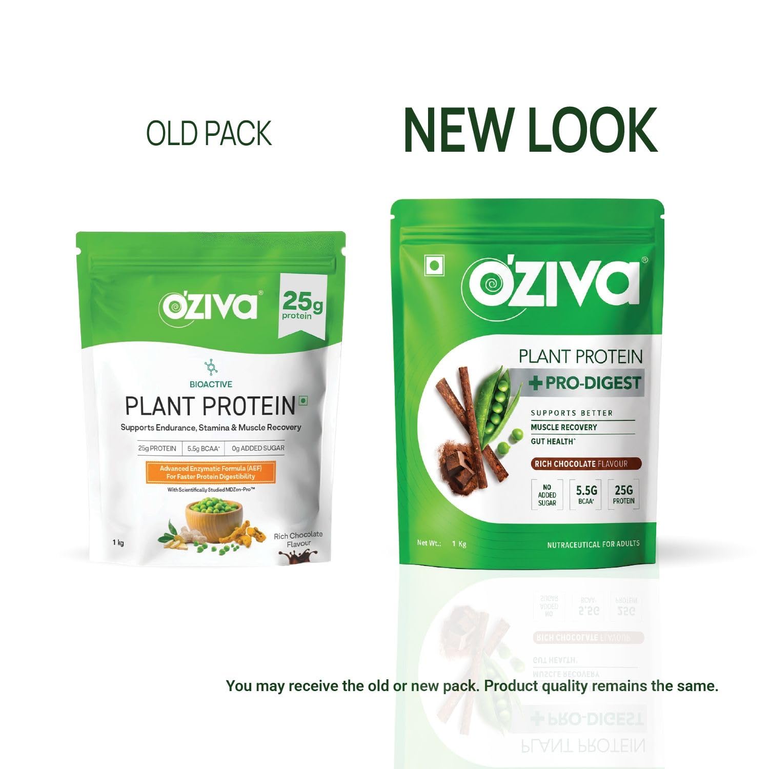 OZiva Plant Protein + Pro-Digest Powder, Pea Protein Isolate, Digestive Enzyme Blend, No Added Sugar, Multiple Sizes - front 