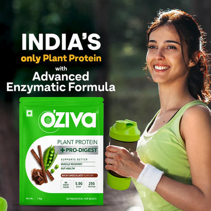 OZiva Plant Protein + Pro-Digest Powder, Pea Protein Isolate, Digestive Enzyme Blend, No Added Sugar, Multiple Sizes - back v