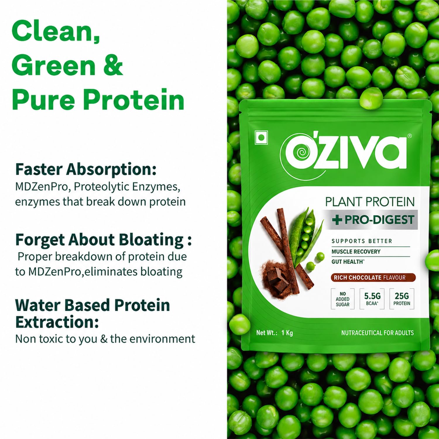 OZiva Plant Protein + Pro-Digest Powder, Pea Protein Isolate, Digestive Enzyme Blend, No Added Sugar, Multiple Sizes - label 