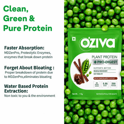 OZiva Plant Protein + Pro-Digest Powder, Pea Protein Isolate, Digestive Enzyme Blend, No Added Sugar, Multiple Sizes - label 