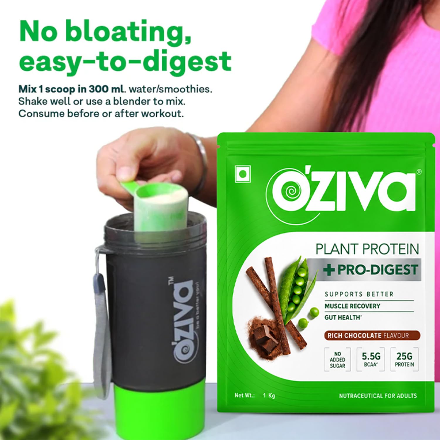 OZiva Plant Protein + Pro-Digest Powder, Pea Protein Isolate, Digestive Enzyme Blend, No Added Sugar, Multiple Sizes - close-