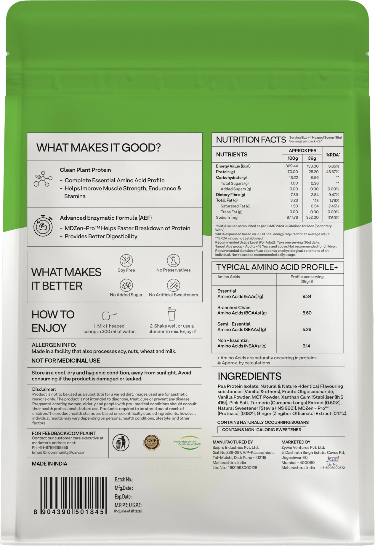 OZiva Plant Protein + Pro-Digest Powder, Pea Protein Isolate, Digestive Enzyme Blend, No Added Sugar, Multiple Sizes - in use