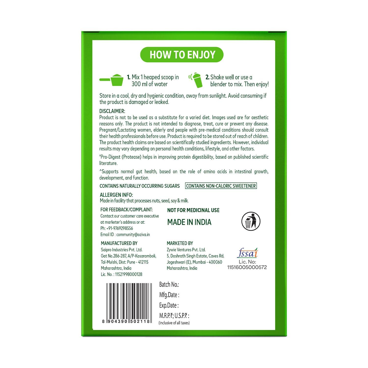 OZiva Plant Protein + Pro-Digest Powder, Pea Protein Isolate, Digestive Enzyme Blend, No Added Sugar, Multiple Sizes - close-