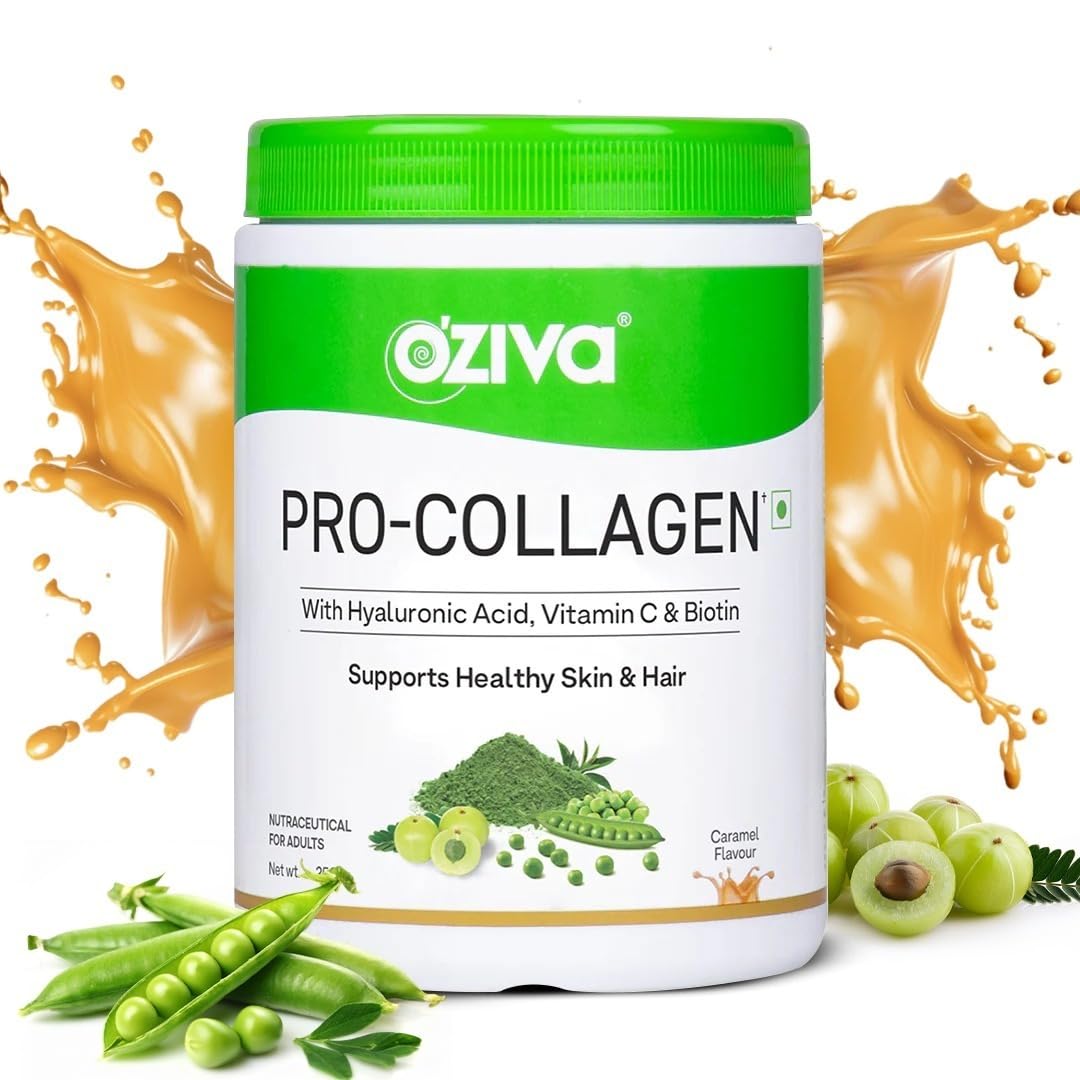 OZiva Pro Collagen Builder Peptides Type I & II Caramel Flavor Plant-Based Supplement