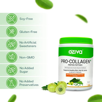 OZiva Pro Collagen Builder Peptides Type I & II Caramel Flavor Plant-Based Supplement - close-up detail