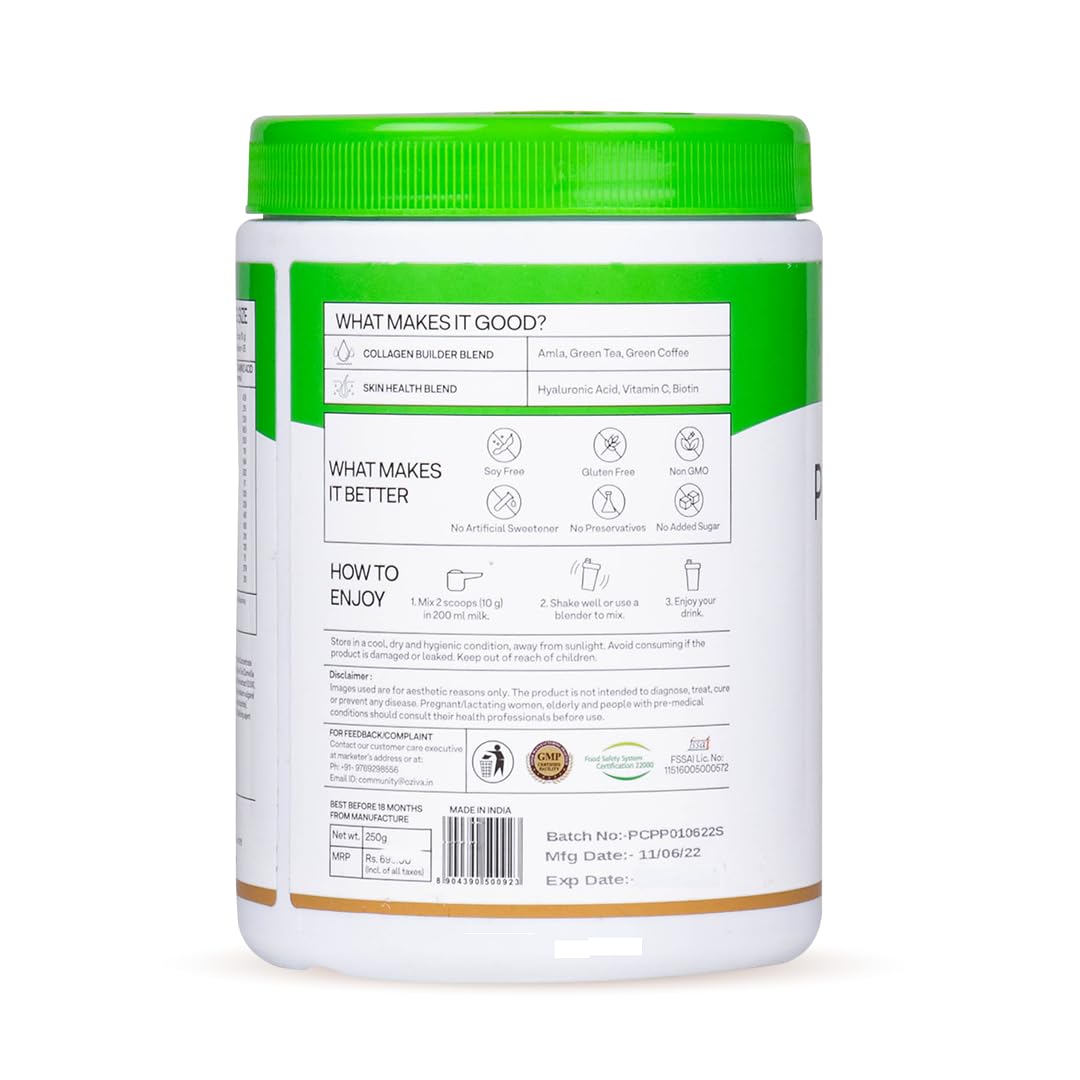 OZiva Pro Collagen Builder Peptides Type I & II Caramel Flavor Plant-Based Supplement - size and scale