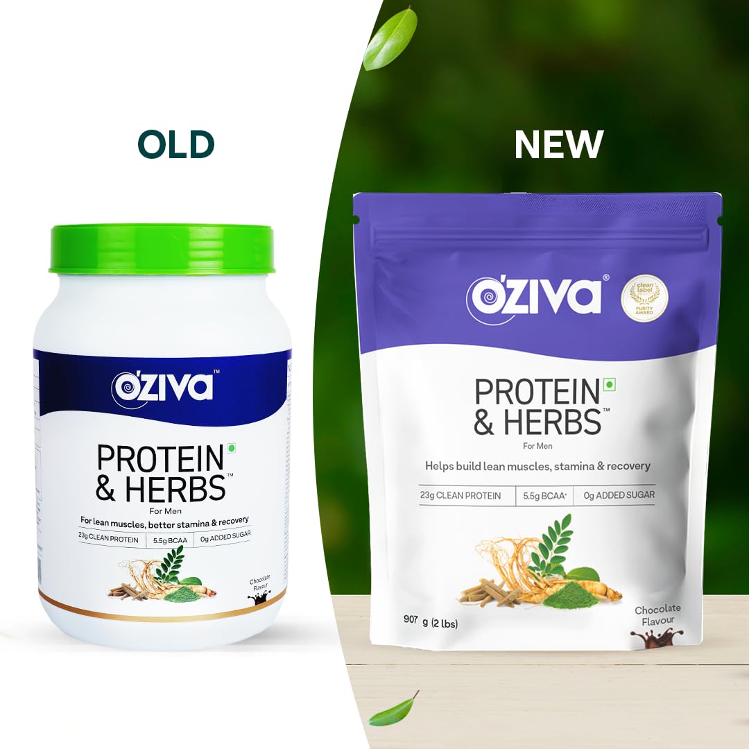 OZiva Protein & Herbs for Men, 2lbs, Whey Protein Supplement Powder, No Added Sugar, Soy-Free, Gluten-Free - front view