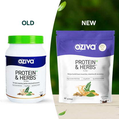 OZiva Protein & Herbs for Men, 2lbs, Whey Protein Supplement Powder, No Added Sugar, Soy-Free, Gluten-Free - front view