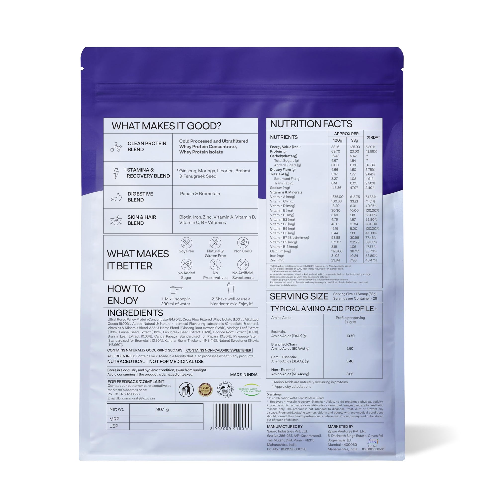 OZiva Protein & Herbs for Men, 2lbs, Whey Protein Supplement Powder, No Added Sugar, Soy-Free, Gluten-Free - size and scale