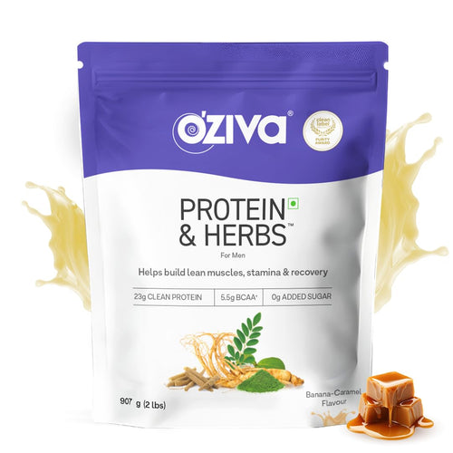 OZiva Protein & Herbs for Men Whey Protein Powder, No Added Sugar, Banana Caramel, 907g