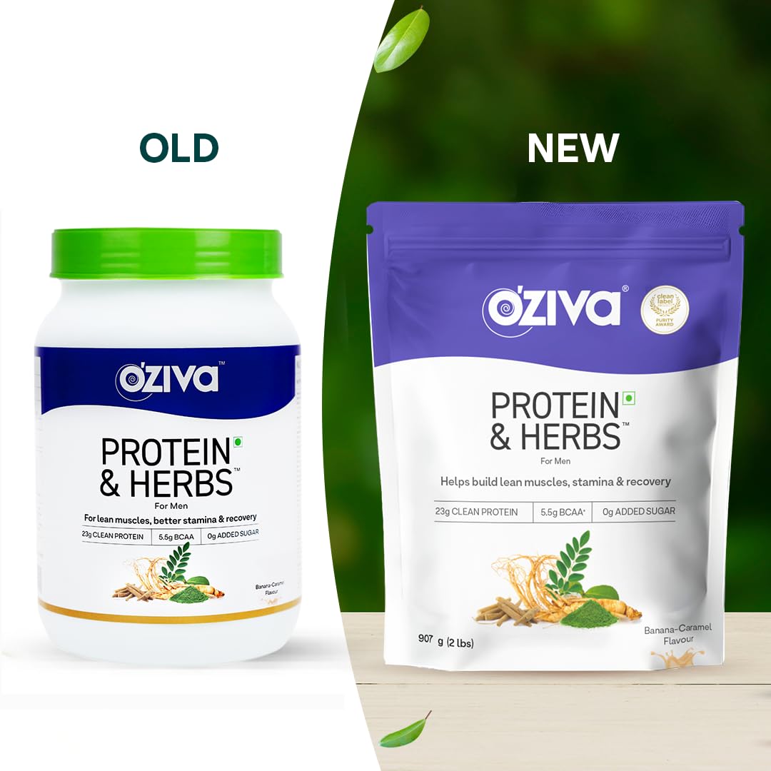 OZiva Protein & Herbs for Men Whey Protein Powder, No Added Sugar, Banana Caramel, 907g - front view
