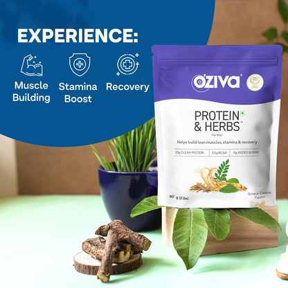 OZiva Protein & Herbs for Men Whey Protein Powder, No Added Sugar, Banana Caramel, 907g - back view