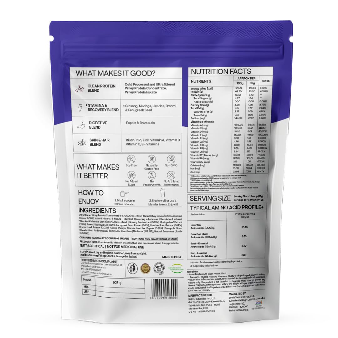 OZiva Protein & Herbs for Men Whey Protein Powder, No Added Sugar, Banana Caramel, 907g - size and scale