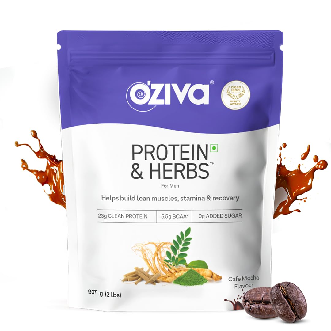 OZiva Protein & Herbs for Men, Whey Protein Powder with BCAA, Green Tea, Cafe Mocha, No Added Sugar, 907g
