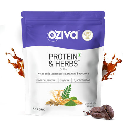 OZiva Protein & Herbs for Men, Whey Protein Powder with BCAA, Green Tea, Cafe Mocha, No Added Sugar, 907g