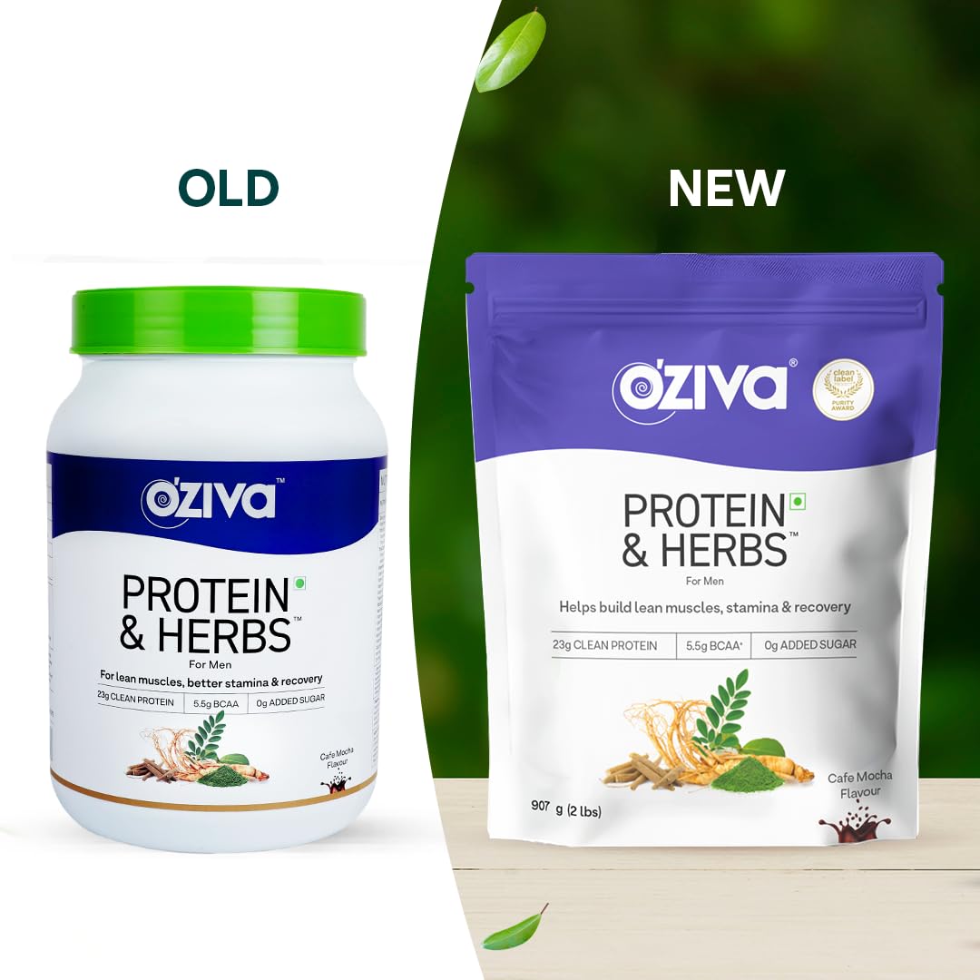 OZiva Protein & Herbs for Men, Whey Protein Powder with BCAA, Green Tea, Cafe Mocha, No Added Sugar, 907g - front view