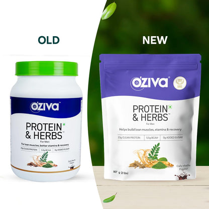 OZiva Protein & Herbs for Men, Whey Protein Powder with BCAA, Green Tea, Cafe Mocha, No Added Sugar, 907g - front view