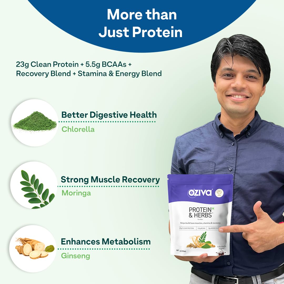 OZiva Protein & Herbs for Men, Whey Protein Powder with BCAA, Green Tea, Cafe Mocha, No Added Sugar, 907g - packaging
