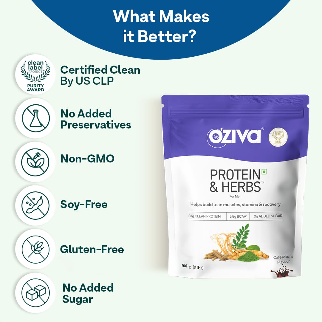 OZiva Protein & Herbs for Men, Whey Protein Powder with BCAA, Green Tea, Cafe Mocha, No Added Sugar, 907g - close-up detail