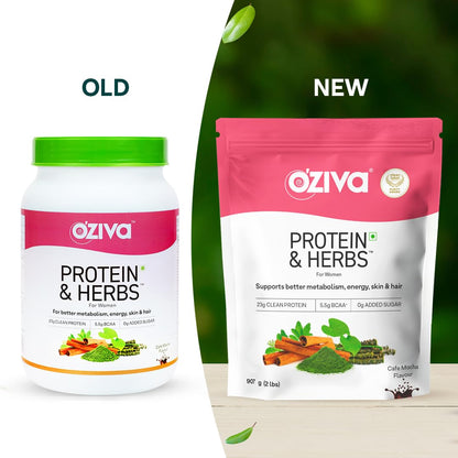 OZiva Protein & Herbs for Women, Cafe Mocha, No Added Sugar, Gluten-Free, Soy-Free - front view (13)