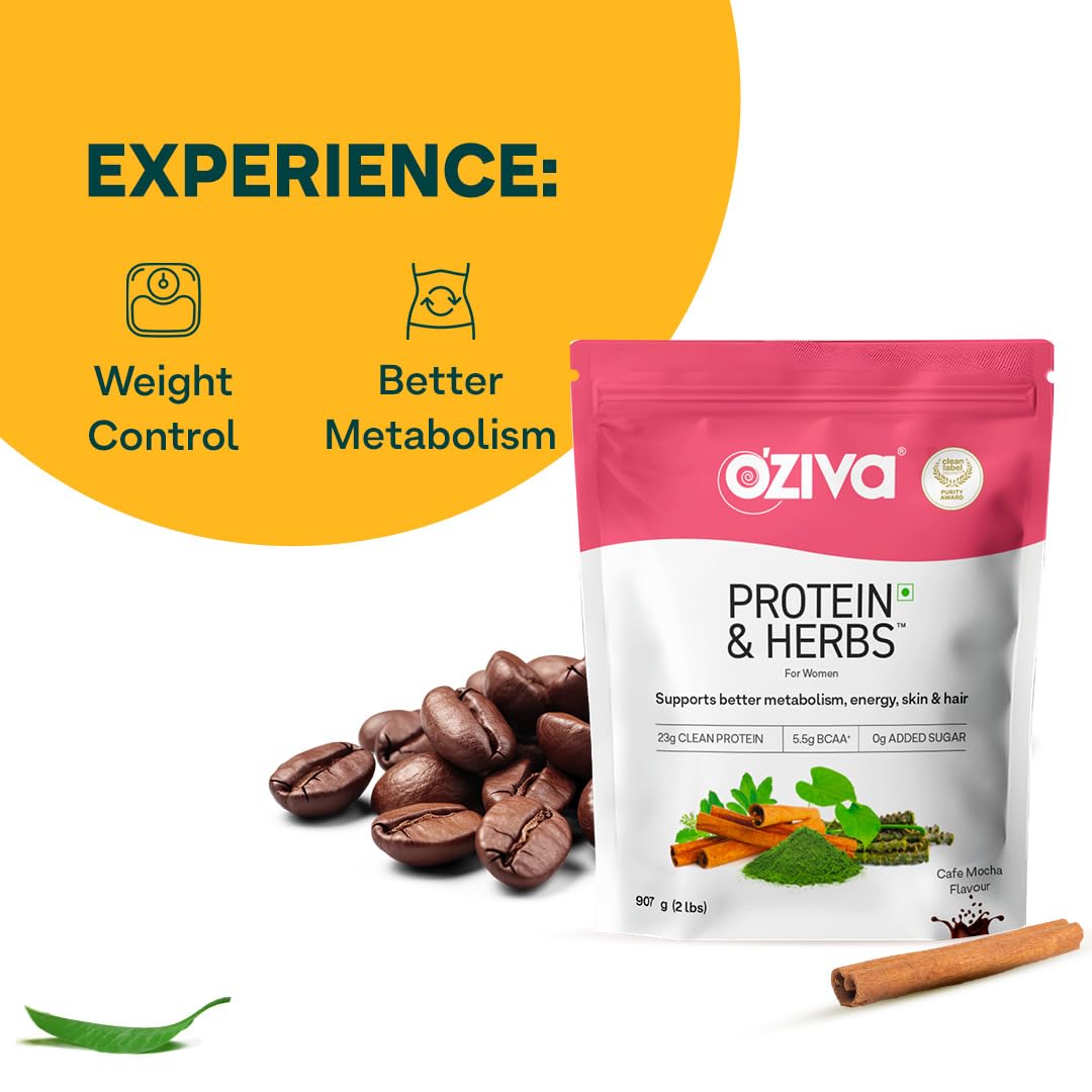 OZiva Protein & Herbs for Women, Cafe Mocha, No Added Sugar, Gluten-Free, Soy-Free - back view (14)