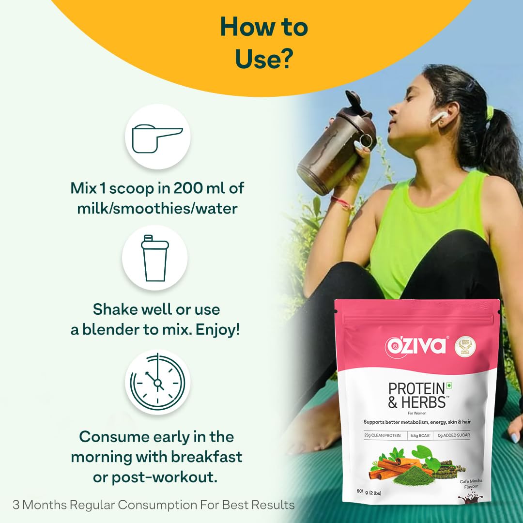 OZiva Protein & Herbs for Women, Cafe Mocha, No Added Sugar, Gluten-Free, Soy-Free - label detail (16)