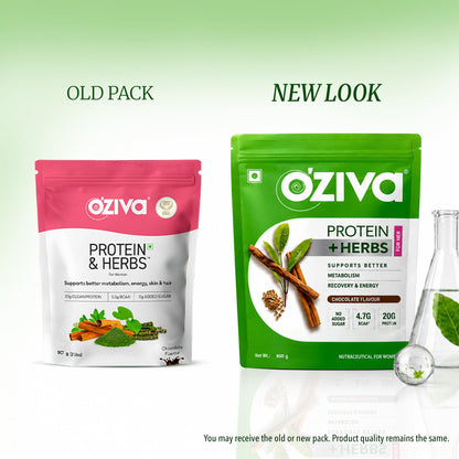 OZiva Protein & Herbs for Women Chocolate Whey Protein Powder, Supplement with Shatavari, Green Tea, Clean Protein - front vi