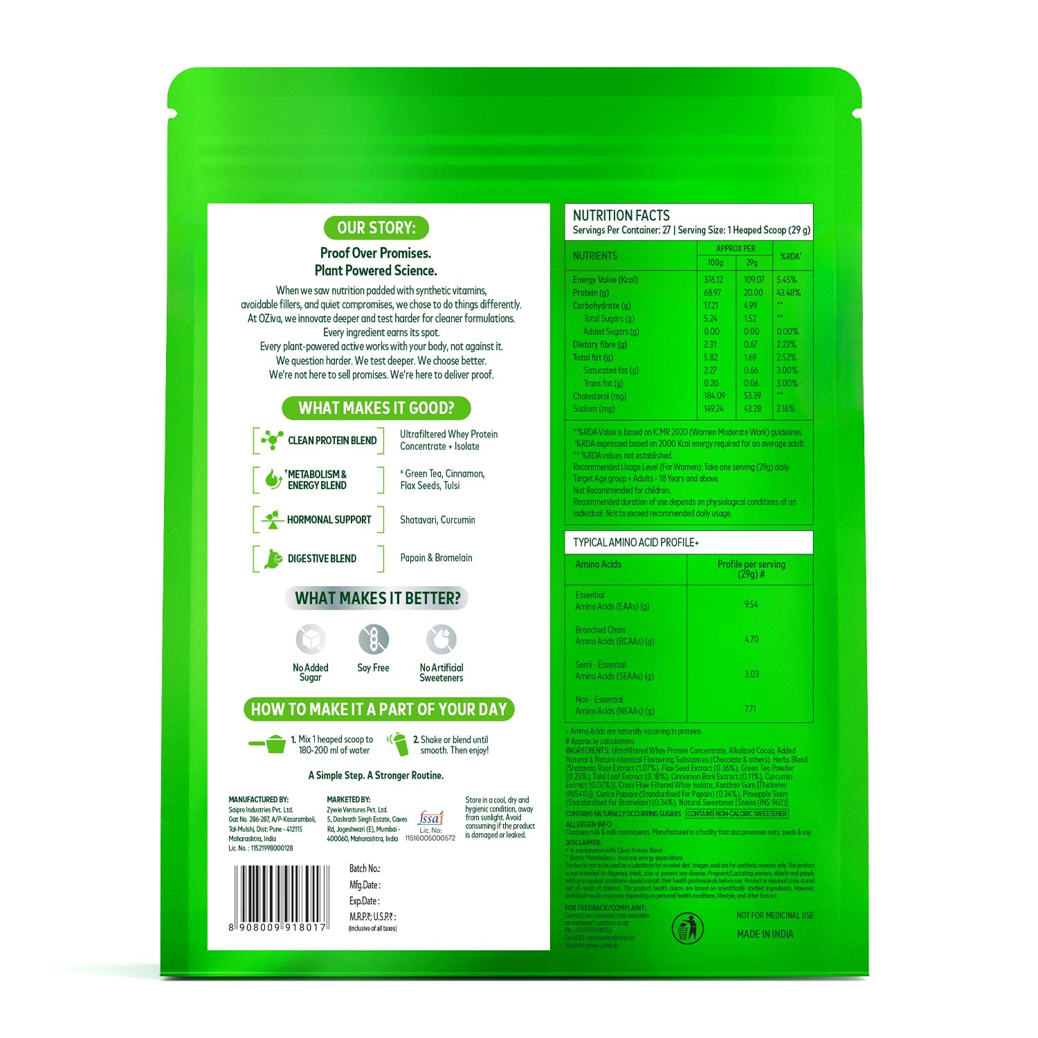 OZiva Protein & Herbs for Women Chocolate Whey Protein Powder, Supplement with Shatavari, Green Tea, Clean Protein - size and