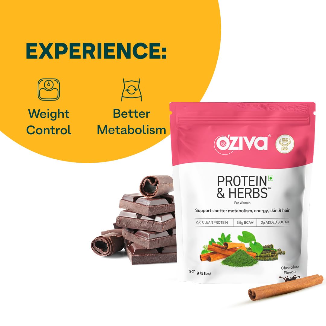 OZiva Protein & Herbs for Women Chocolate Whey Protein Powder, Supplement with Shatavari, Green Tea, Clean Protein - back vie
