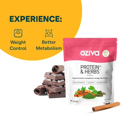 OZiva Protein & Herbs for Women Chocolate Whey Protein Powder, Supplement with Shatavari, Green Tea, Clean Protein - back vie